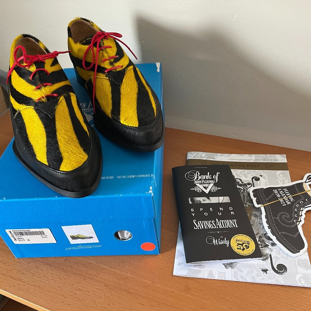 Fluevog Modvog "Chalky" yellow/black tiger stripe pony hair - M8/W10 - NIB